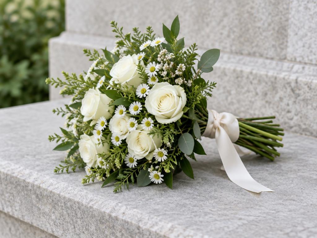 White roses and daisies tied with a ribbon